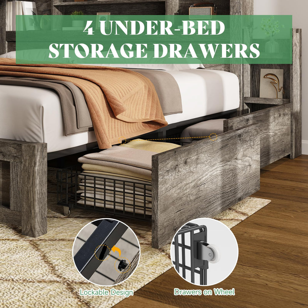 Bed Frame with Bookcase Headboard & Storage, Rustic Grey