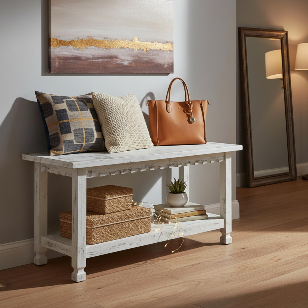 Country Cottage 36-Inch Farmhouse Entryway Bench with Storage Shelf - Solid Pine Wood Bench in Distressed White, or
