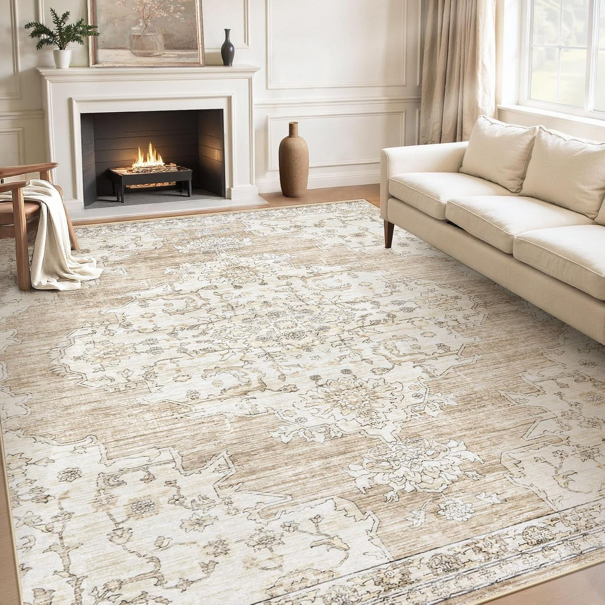 8x10 Washable Vintage Area Rug, Low Pile and Non-Slip in Neutral Tones