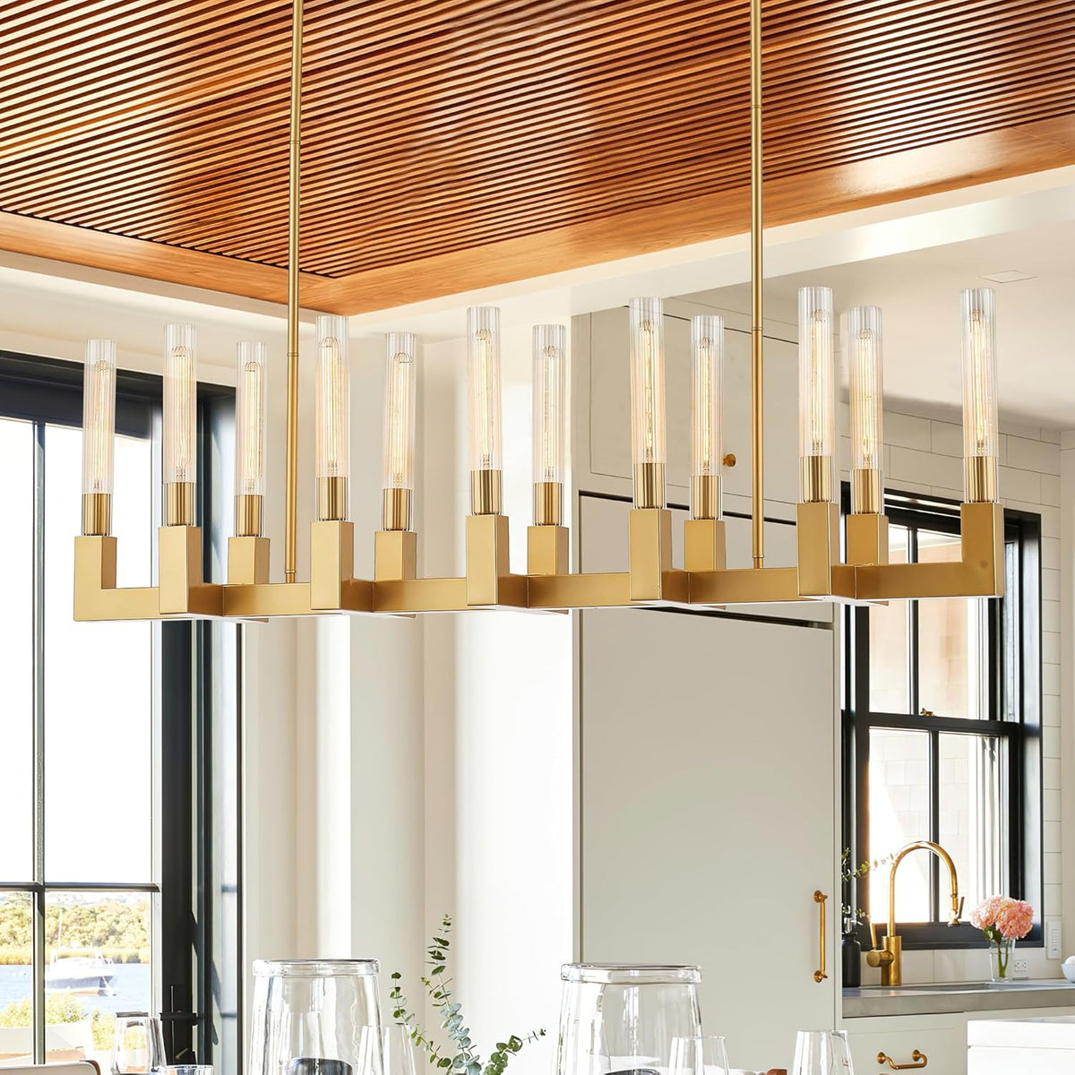 Inspired Cannele Style 54-inch Linear Dining Room Pendant Light Fixture with Glass Tube,Gold Rectangular 12-Lights Industrial Kitchen Island Lighting Over Table(Included E26 Bulbs)