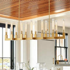 Inspired Cannele Style 54-inch Linear Dining Room Pendant Light Fixture with Glass Tube,Gold Rectangular 12-Lights Industrial Kitchen Island Lighting Over Table(Included E26 Bulbs)