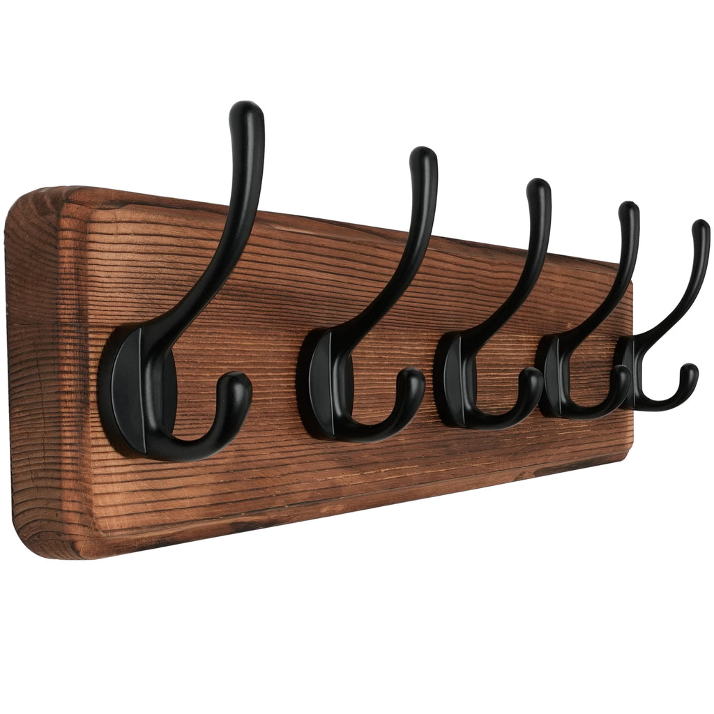 Rustic Coat Rack Wall Mount, 5 Hooks, 17 Inch, Solid Wood, Brown