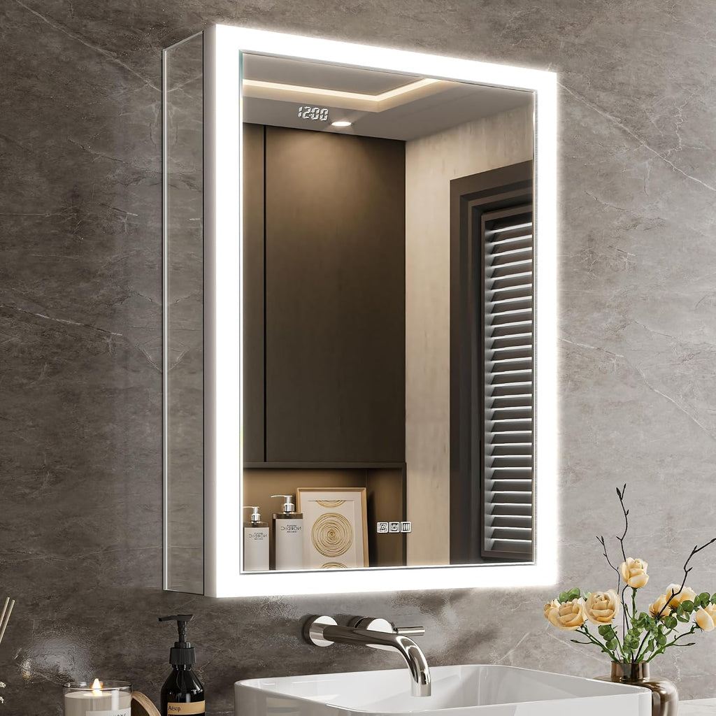 Lighted Medicine Cabinet with Mirror & Clock -20x26 Surface or Recessed Aluminum Medicine Cabinet with Dimmable Light