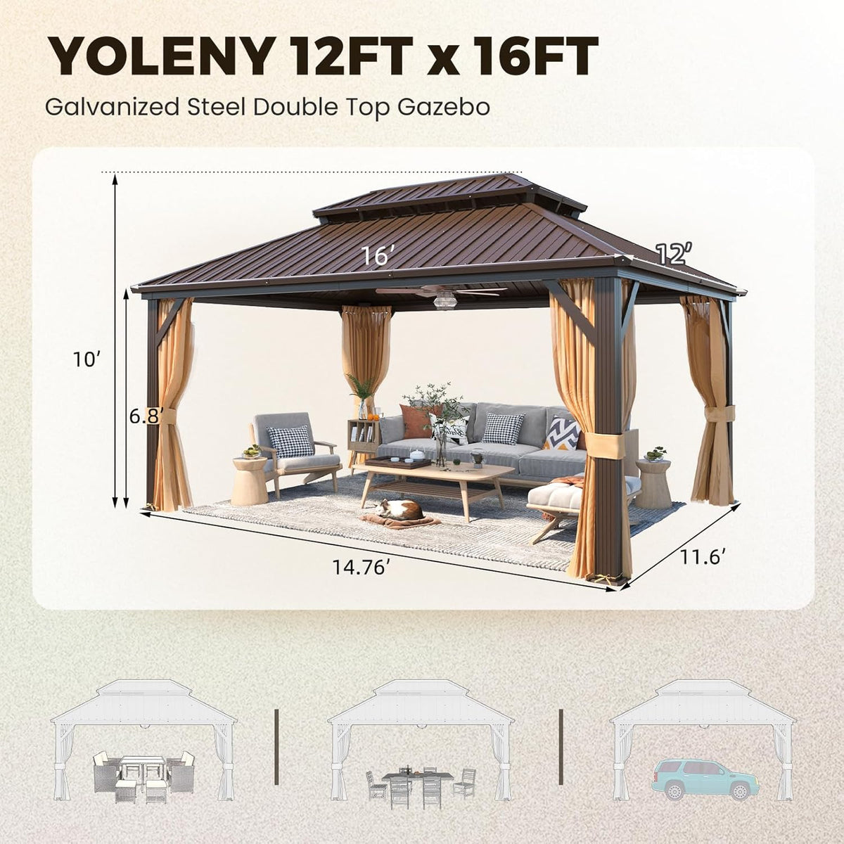 12' x 16' Gazebo Hardtop with Aluminum Frame,Galvanized Steel Double Roof Gazebos with Curtain and Netting,Outdoor Metal Pergolas for Garden, Lawn, Deck, Brown