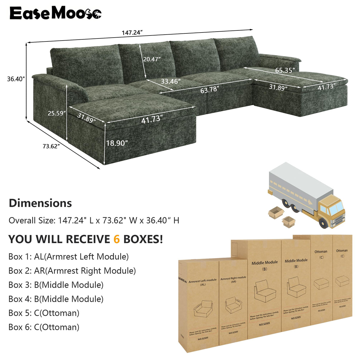 Boneless Couches, 147" U Shaped Couch, Green