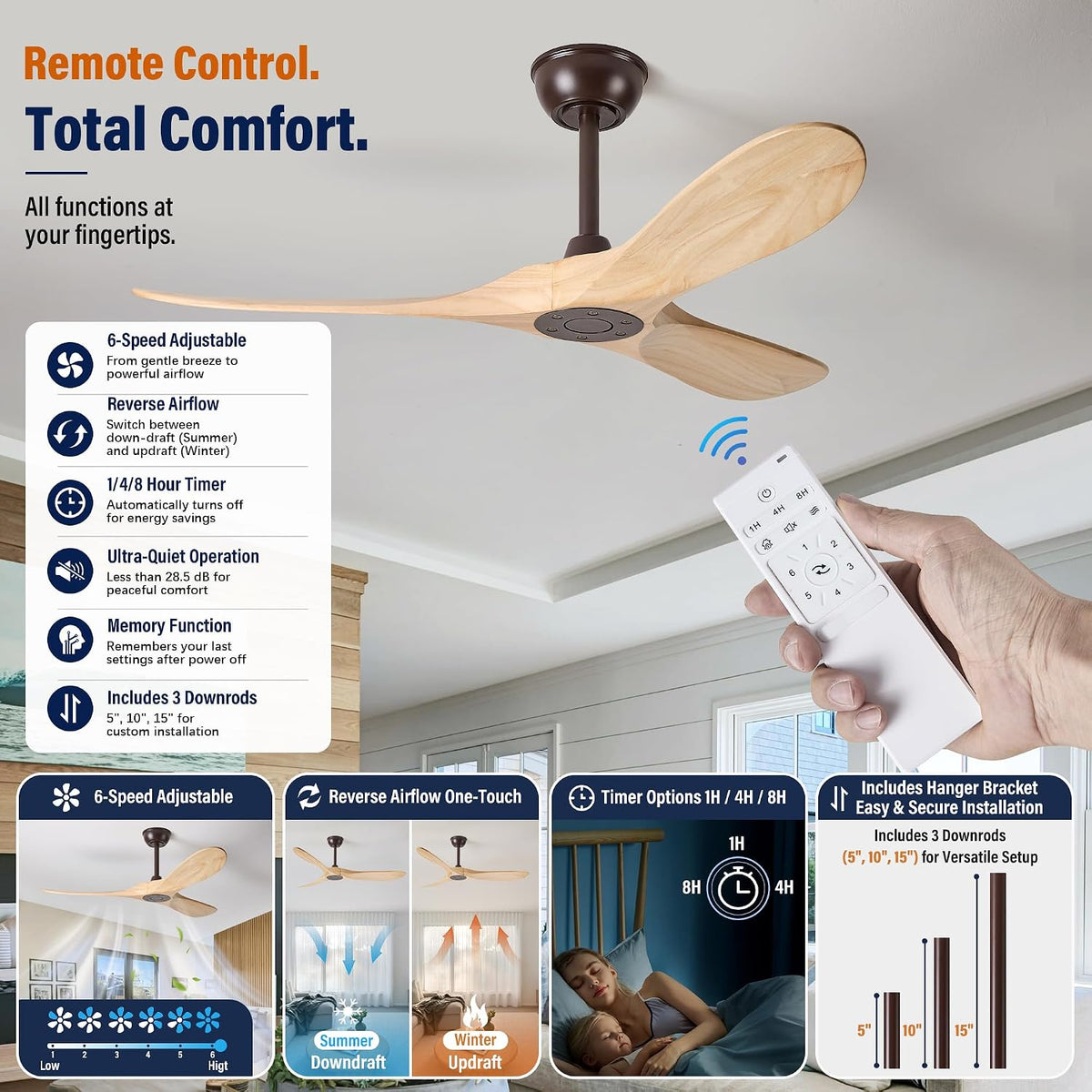 52" Oil Rubbed Bronze Ceiling Fan with Remote, No Light