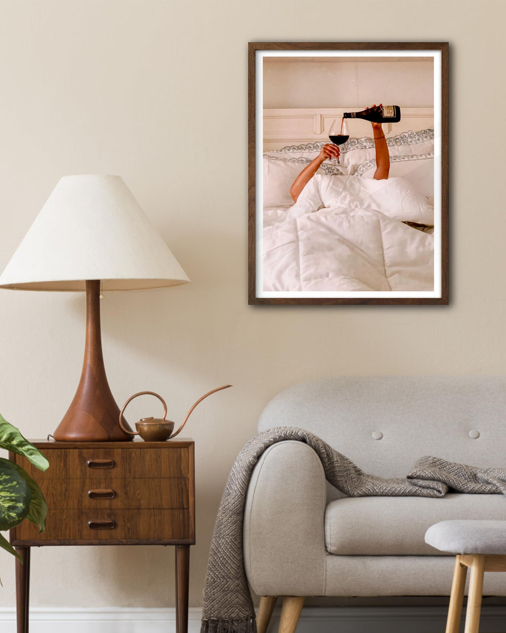 12x16 in Woman Drinking Wine in Bed Framed Wall Art