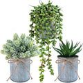Set of 3 Small Artificial Succulent Potted Plants Faux Aloe Hops Hanging Succulent in Rustic Galvanized Metal Pots