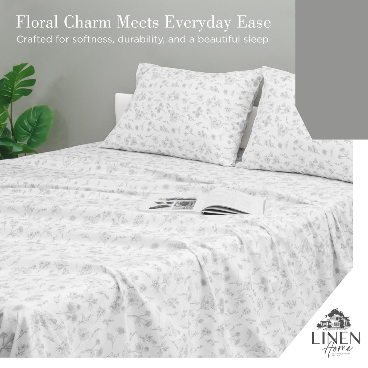 100% Cotton Printed Percale Sheet Set Grey Botanical