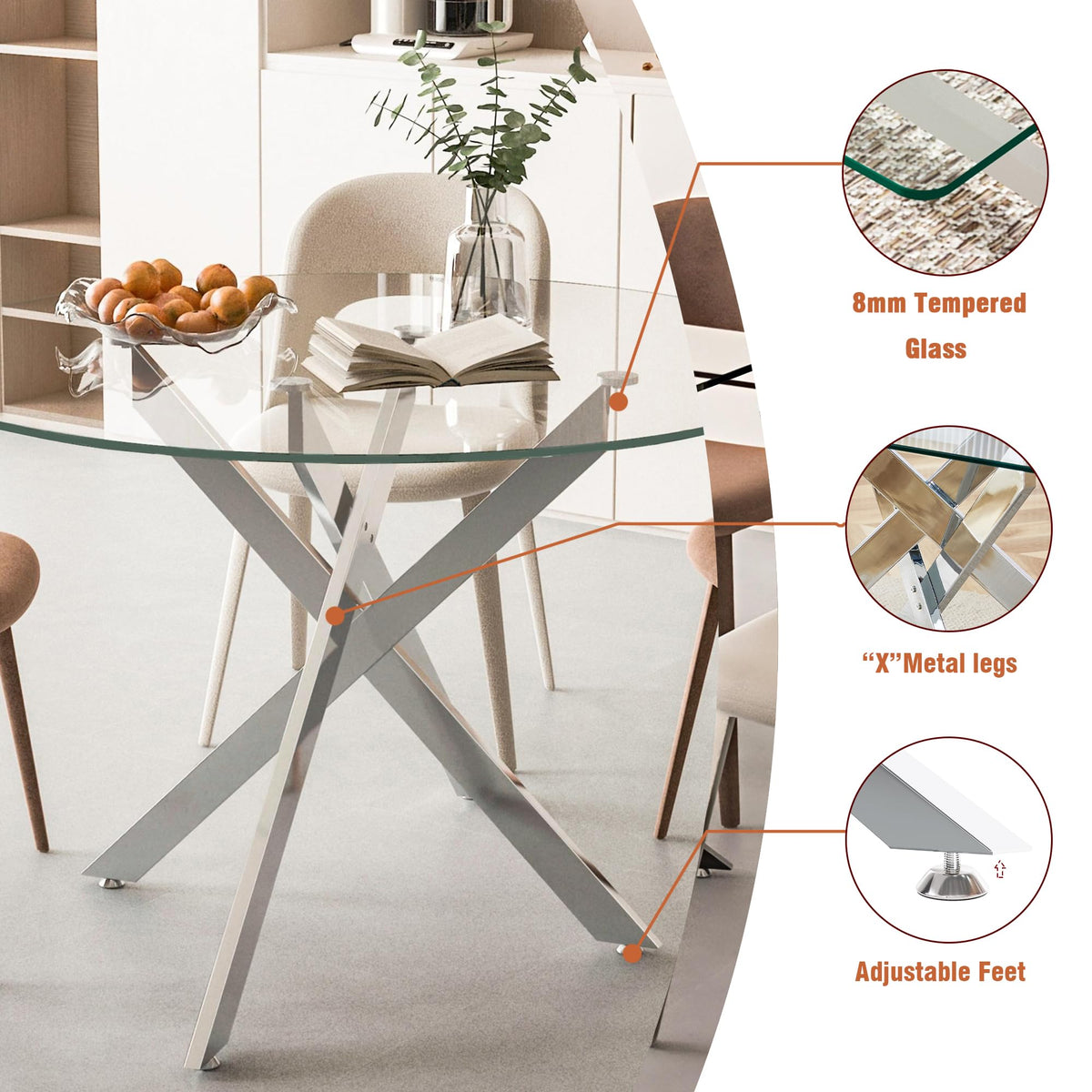 7-Piece Round Glass Dining Table Set for 6, 47" Circle Kitchen Table with 6 Black Velvet Chairs Modern Silver Glass