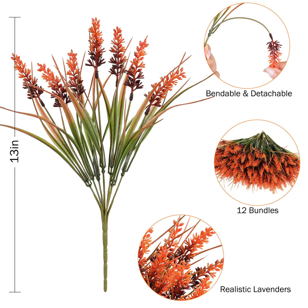 12 Bundles Fall Faux Outdoor Plants, UV Resistant Artificial Fake Lavender with Monkey Grass, Realistic Faux Lavender