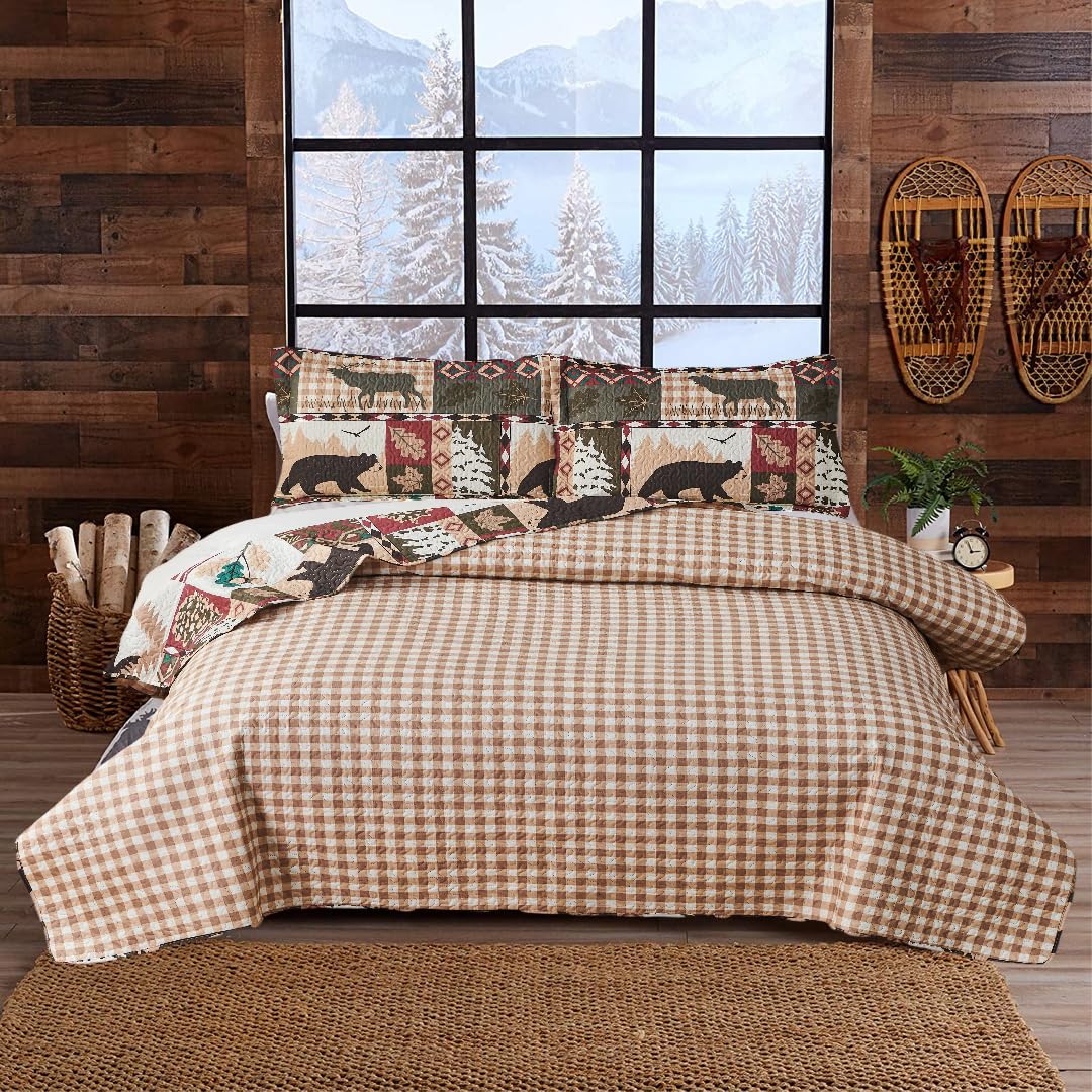 3 Pcs Reversible Rustic Quilt Set Size Moose Bear Bedspread Lodge Bedding Plaid Themed Cabin Coverlet