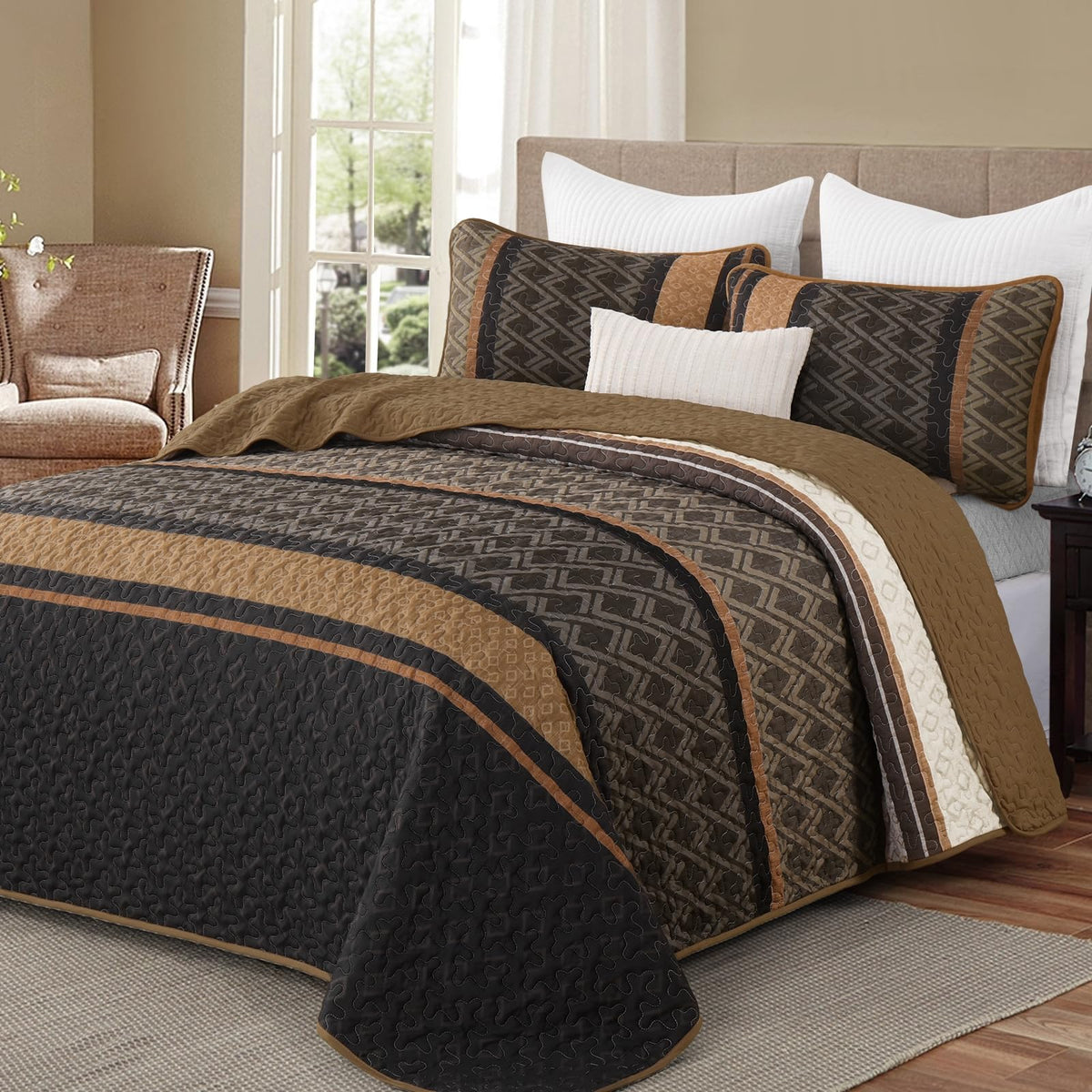 Quilt, Striped Fall Bedding Set, Boho Bedspread, Brown