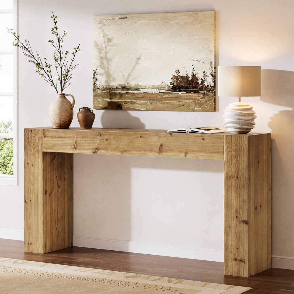 Solid Wood Console Table, 63-Inch Farmhouse Sofa Table Behind Couch, Foyer, Easy Assembly (Light Wood)