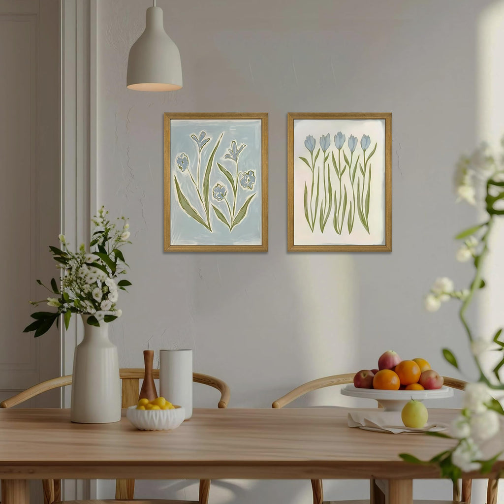 Blue Tulip Flower Wall Art Set of 2, Watercolor Floral Preppy Canvas Poster Prints, Modern Botanical Painting