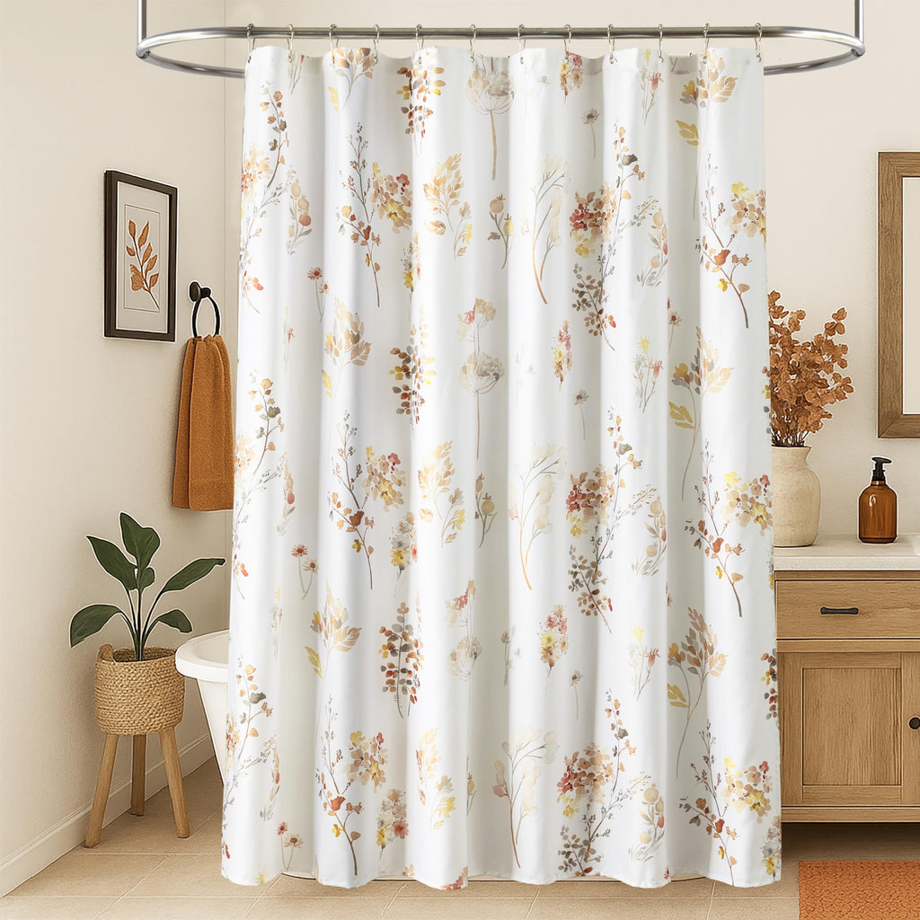 Fall Shower Curtain, Burnt Orange Terracotta Rust Brown Fabric Boho Rustic Farmhouse Cute Floral Leaf Autumn Shower