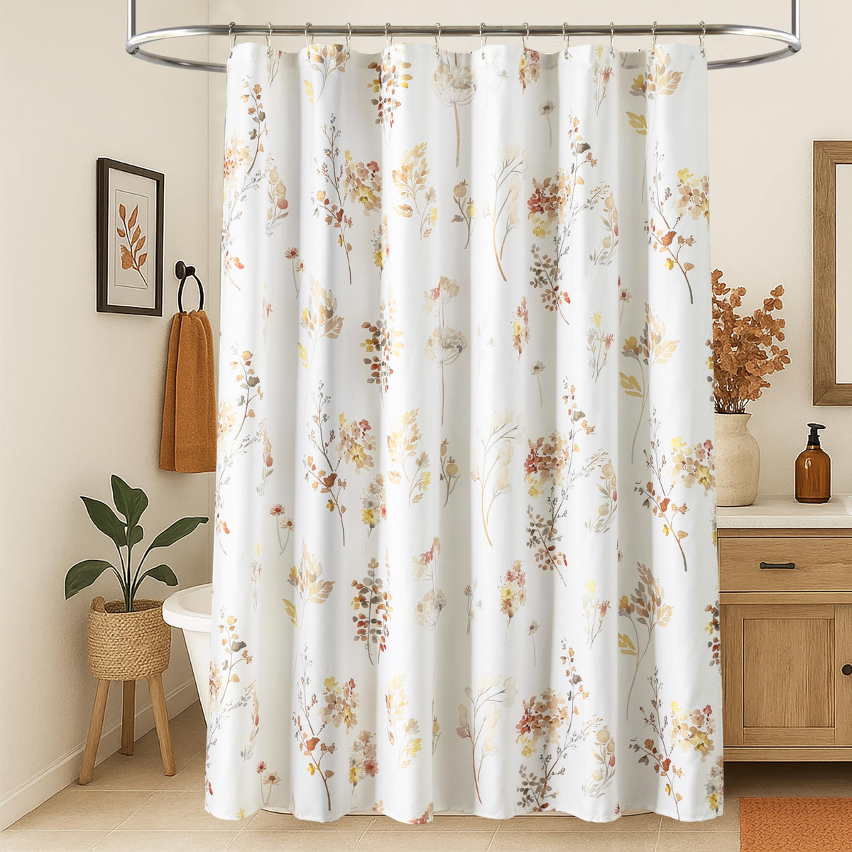 Fall Shower Curtain, Burnt Orange Terracotta Rust Brown Fabric Boho Rustic Farmhouse Cute Floral Leaf Autumn Shower