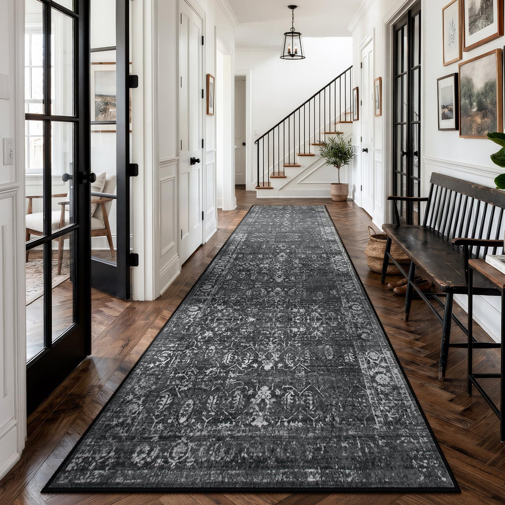 Black Vintage Carpet Runners 12ft, Washable Long Runner Rug Indoor Floor Non-Slip, Distressed Super Soft Throw Carpet