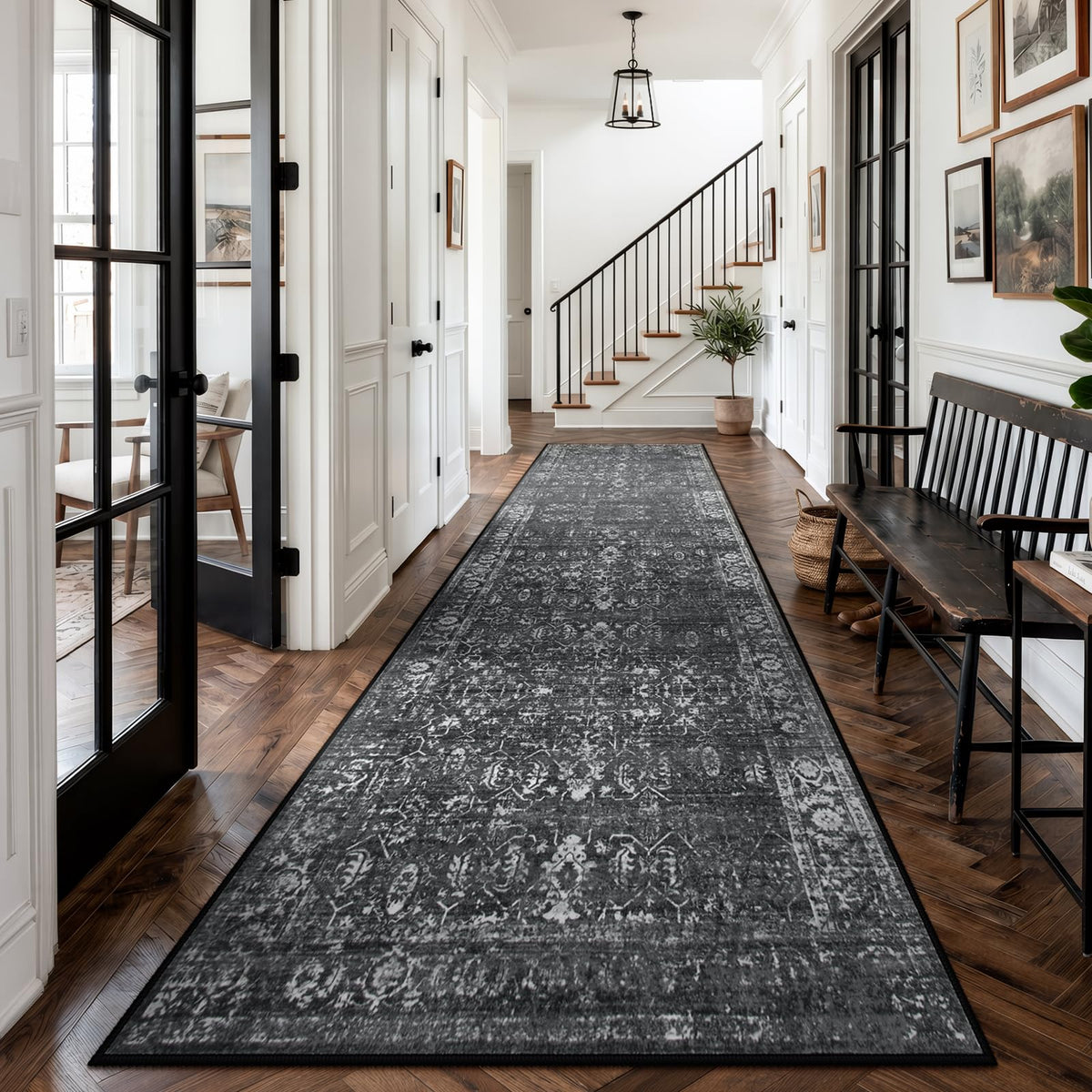 Black Vintage Carpet Runners 12ft, Washable Long Runner Rug Indoor Floor Non-Slip, Distressed Super Soft Throw Carpet