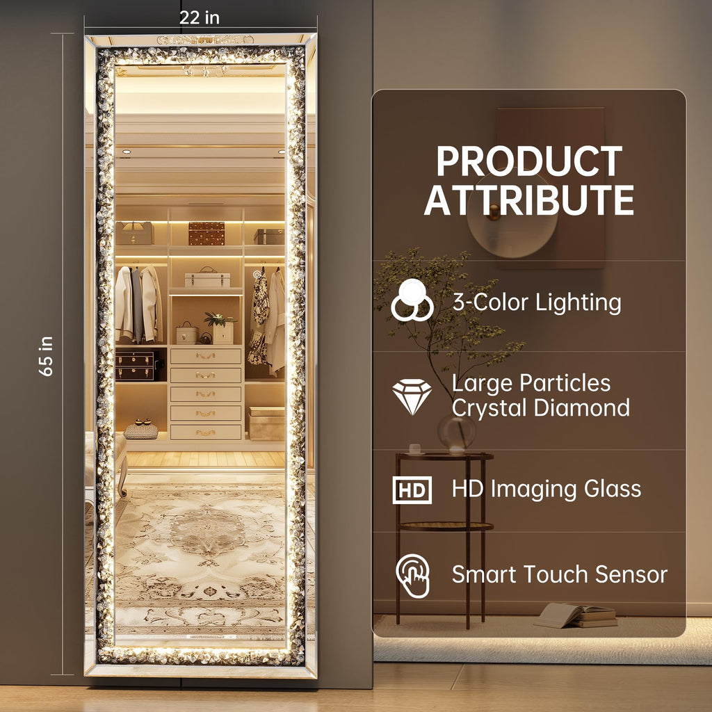 65"×22" LED Full-Length Mirror Crystal Crush Diamond, Wall Mounted Diamond Mirror Leaning Bedroom Dimming & 3 Color