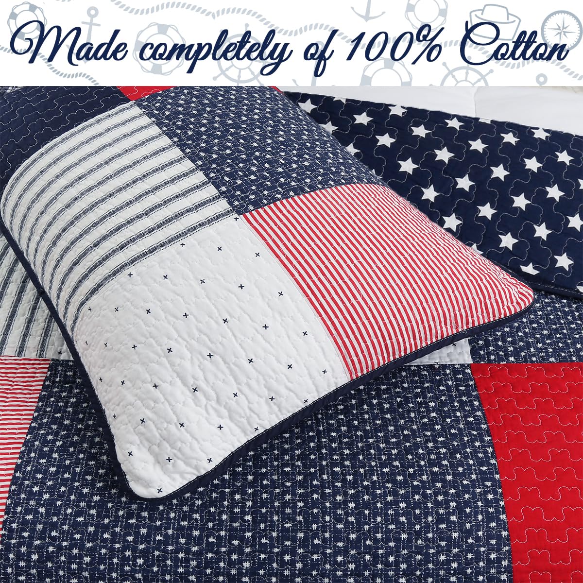 100% Cotton Sailor Navy Blue Star Striped Print Cotton Reversible Bedding Quilt Set (Patriotic Patchwork)