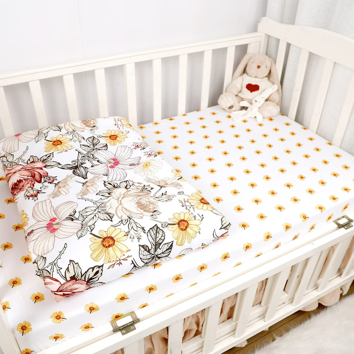 4-Piece Crib Bedding Set for Girls, Boho Baby Girl Bedding Set with Crib Skirt, Baby Quilt, Crib Sheet and Diaper
