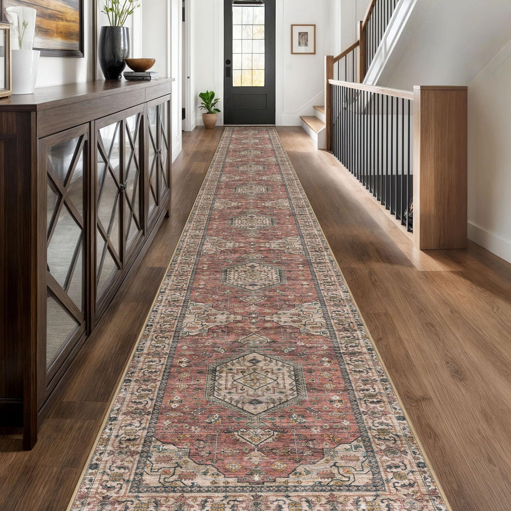 Extra Long Runner Rug 2.6x20 Washable Hall Rug Terracotta