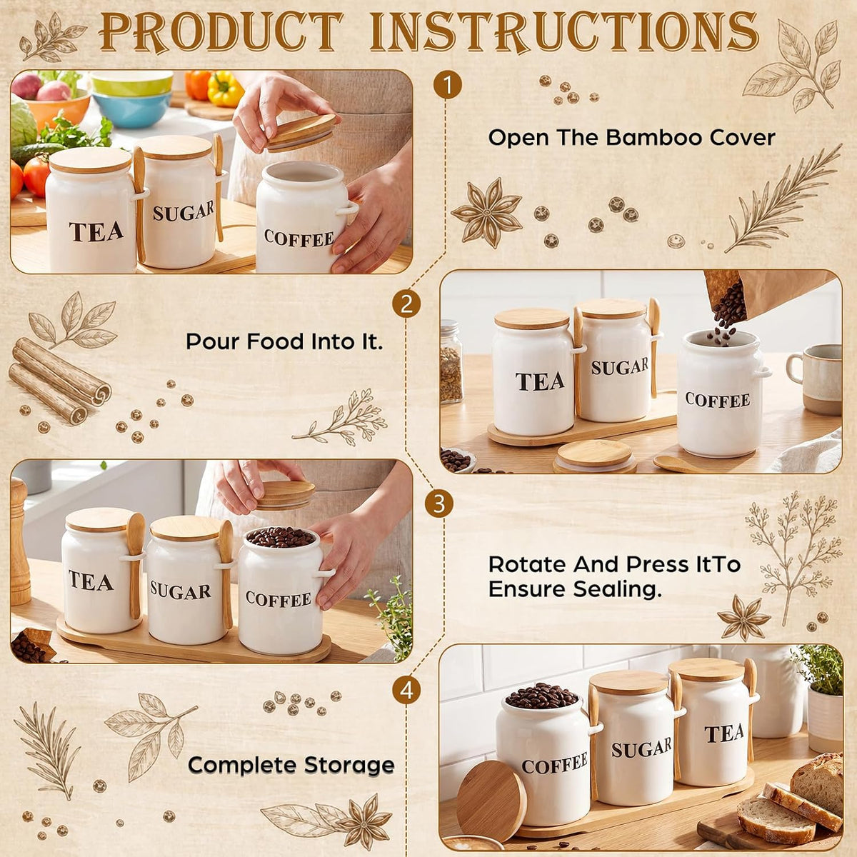 Coffee Sugar and Tea Canister Set with Tray and Spoon 27 oz Ceramic Farmhouse White Container Jar - Set of 3