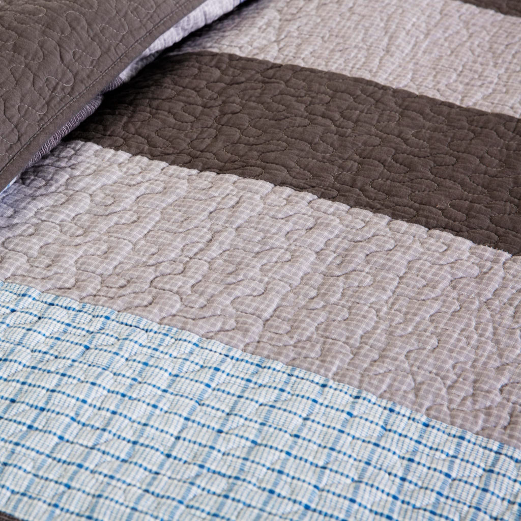 Sora 3-Piece Plaid Checkered Grid Patchwork Stripe Quilt Set - Soft Lightweight 100% Washed Cotton Bedspread for All
