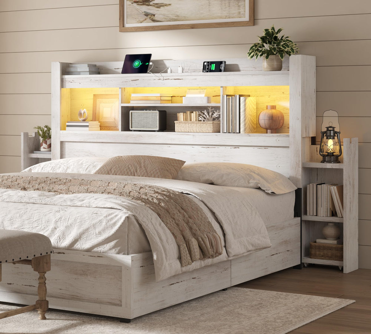 Wood Headboard Only with Storage, Distressed White