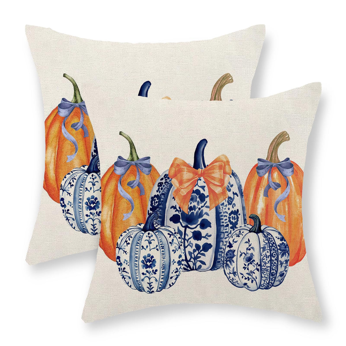 Fall Chinoiserie Pillow Covers 18x18 Set of 2 Blue and Orange Pumpkin Throw Pillows Grandmillennial Autumn