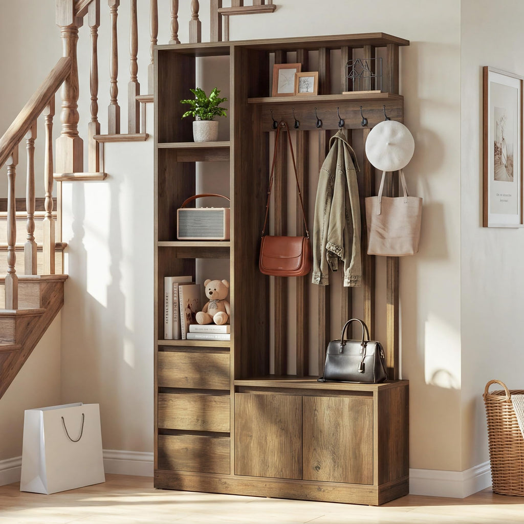 Hall Tree with Bench and Shoe Storage, Farmhouse Entryway Bench