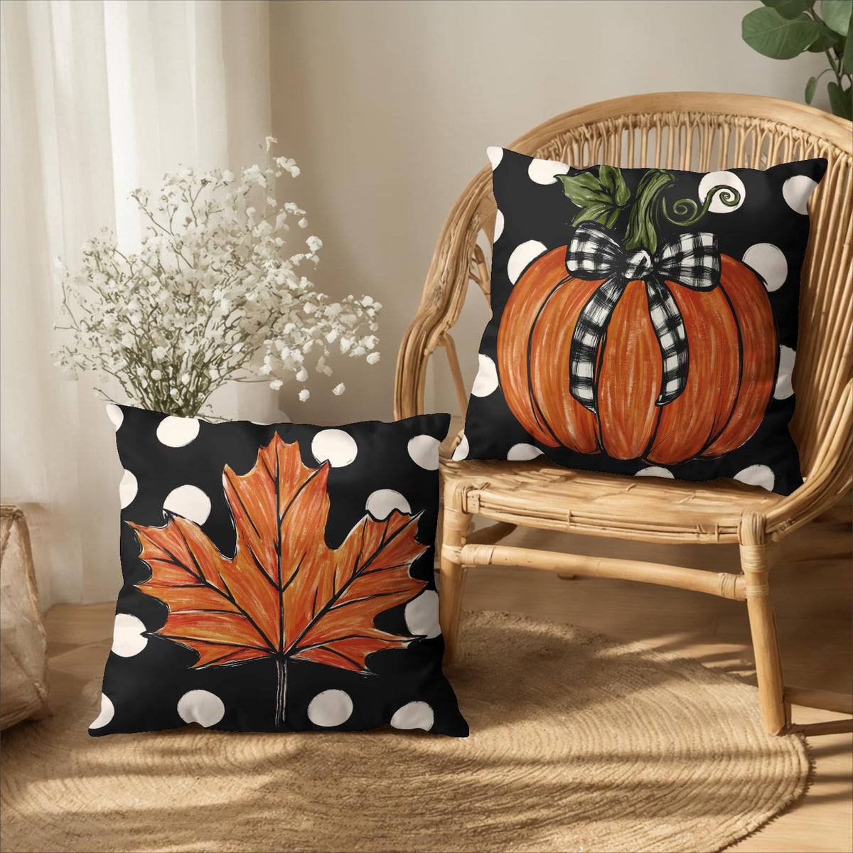 Fall Pillow Covers 20x20 Set of 2 Pumpkin Maple Leaves Polka Dot Throw Pillow Cases Autumn Thanksgiving Buffalo Plaid