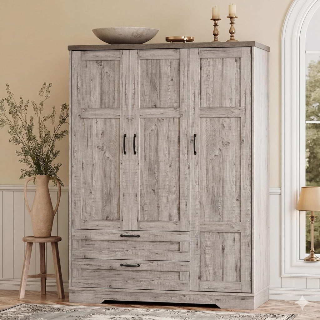 Armoire Wardrobe Closet with 3 Door, Bedroom Wooden Armoires with Full Length Mirror, Large Clothing Storage Cabinet