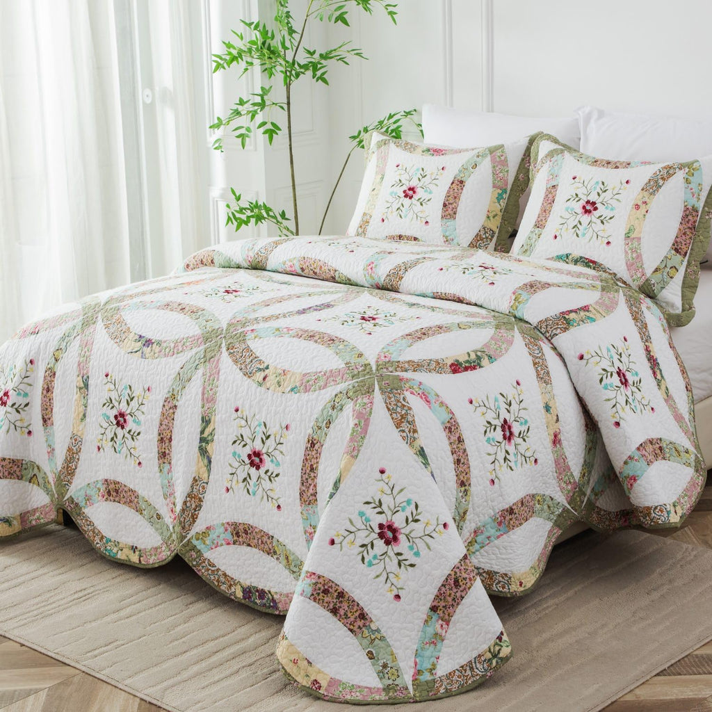 Cotton Real Patchwork Embroidery Quilt Set 3-Piece. 100% Washed Cotton. 376 Hand Cut Patches. Embroidery and Allover