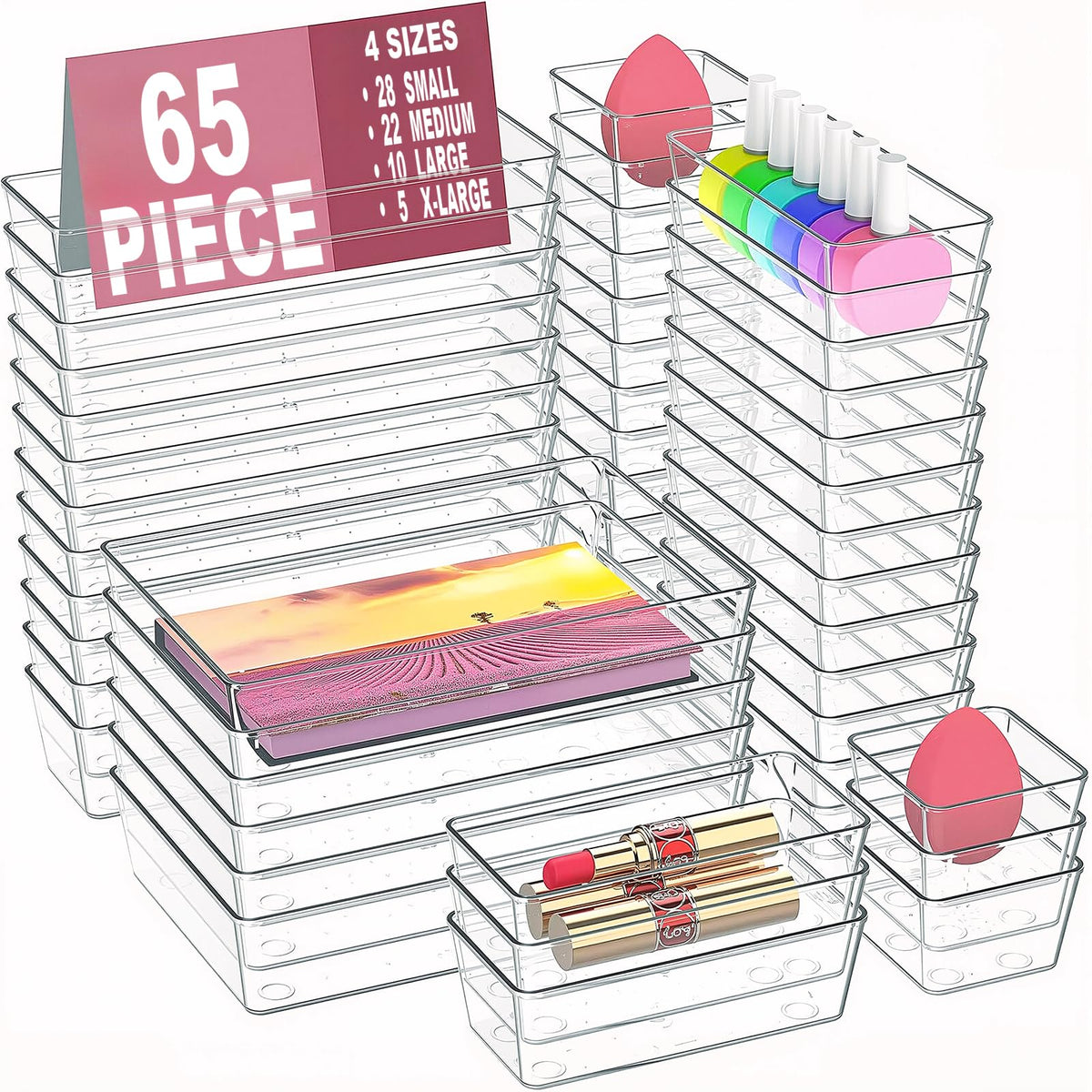 65 Pcs Clear Plastic Drawer Organizer, Makeup & Vanity Organizer