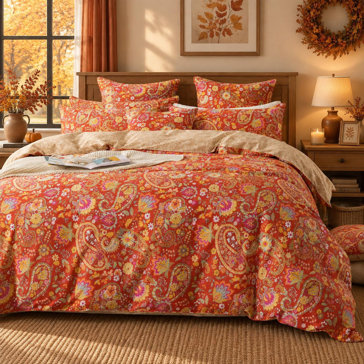 Paisley Duvet Cover Set Full Bohemian Damask Paisley Bedding Luxurious Orange Fall Boho Paisley Comforter Cover Set