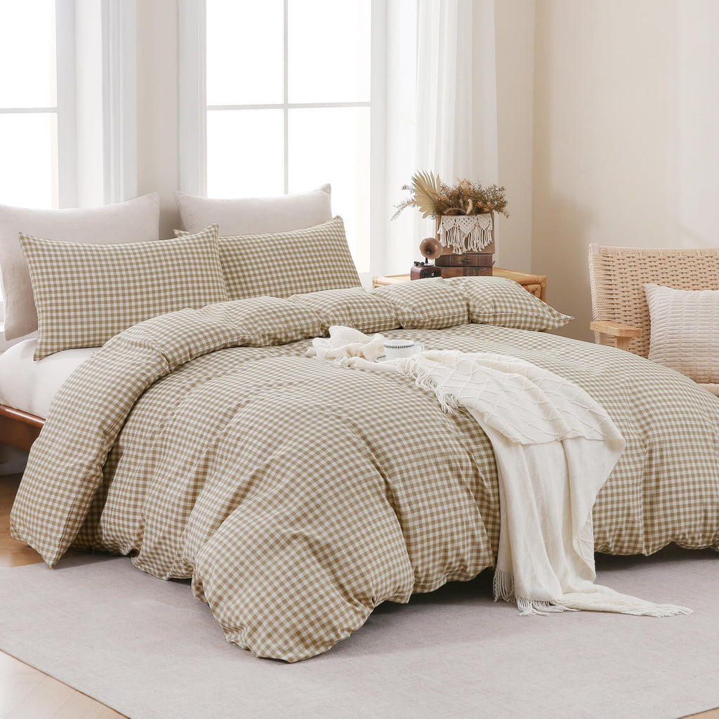 Brown Gingham Duvet Cover Bedding Set Prewashed Extra Soft