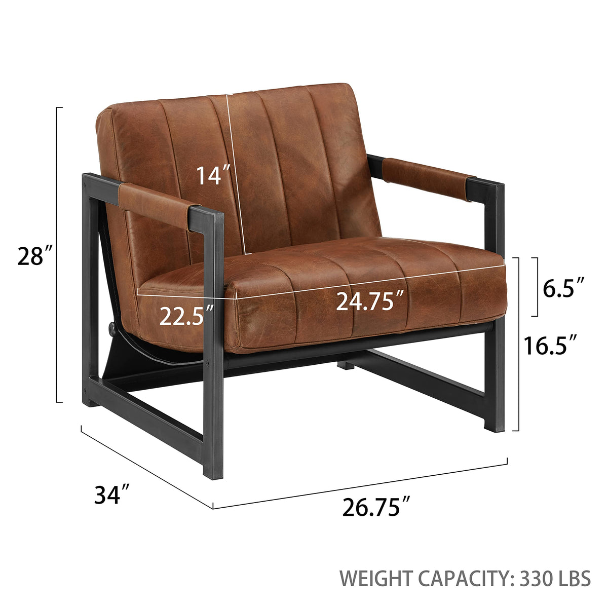 Genuine Leather Accent Chair, Set of 2, Mid Century Modern Arm Chairs, Living Room Sofa Chairs with Black Metal