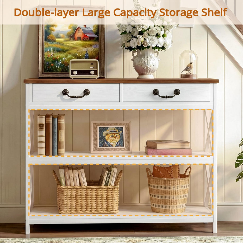 39.4" Farmhouse Console Table with Storage, White/Walnut
