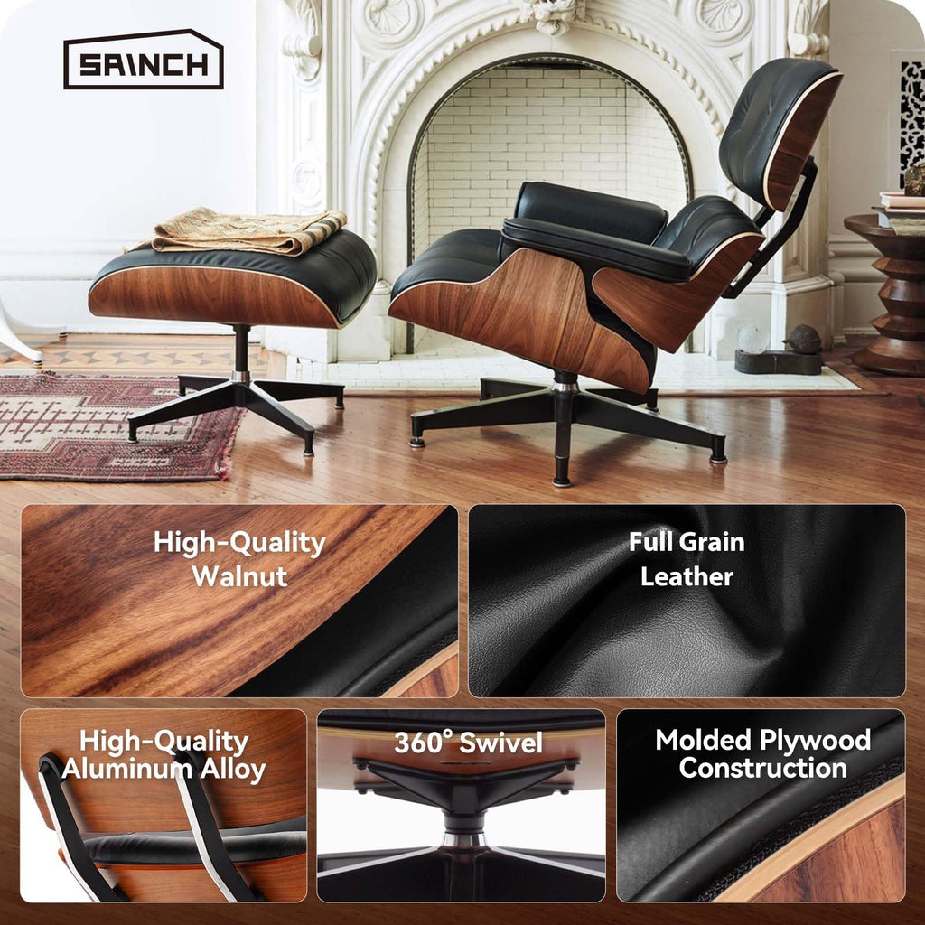 Inspired Eames Style Mid Century Modern Top Grain Leather Chaise Lounge Chair & Ottoman