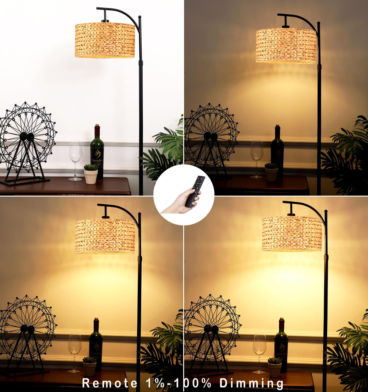 Floor Lamp Bedroom Farmhouse Arc Rattan Boho Standing Lamp with Remote Dimmable Black Wicker Bamboo Lamp Shade Floor