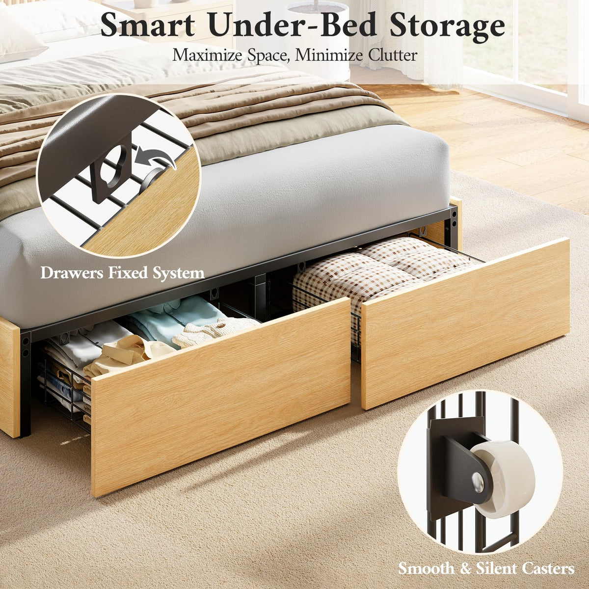 Queen Bed Frame with Headboard and Storage Drawers, Queen Size Platform Bed Frame with LED Lights and Charging