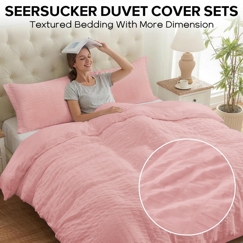 Duvet Cover, 3 Pieces Seersucker Duvet Cover Set, Pink
