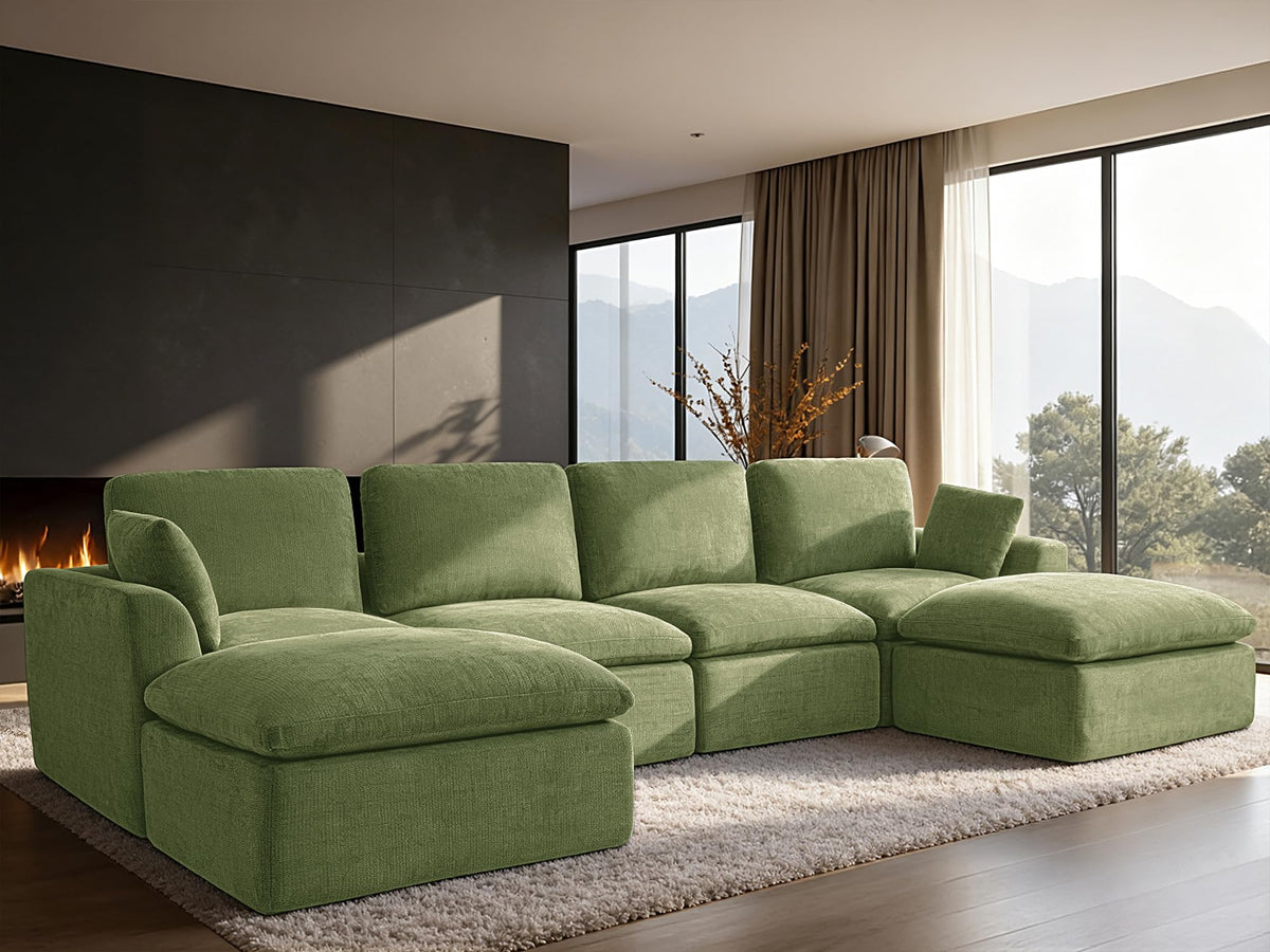 Oversized 143" Double-Layered and Soft Cloud Couch Modular Sectional Sofa Boneless Couches 6-Seater U-Shape Couch