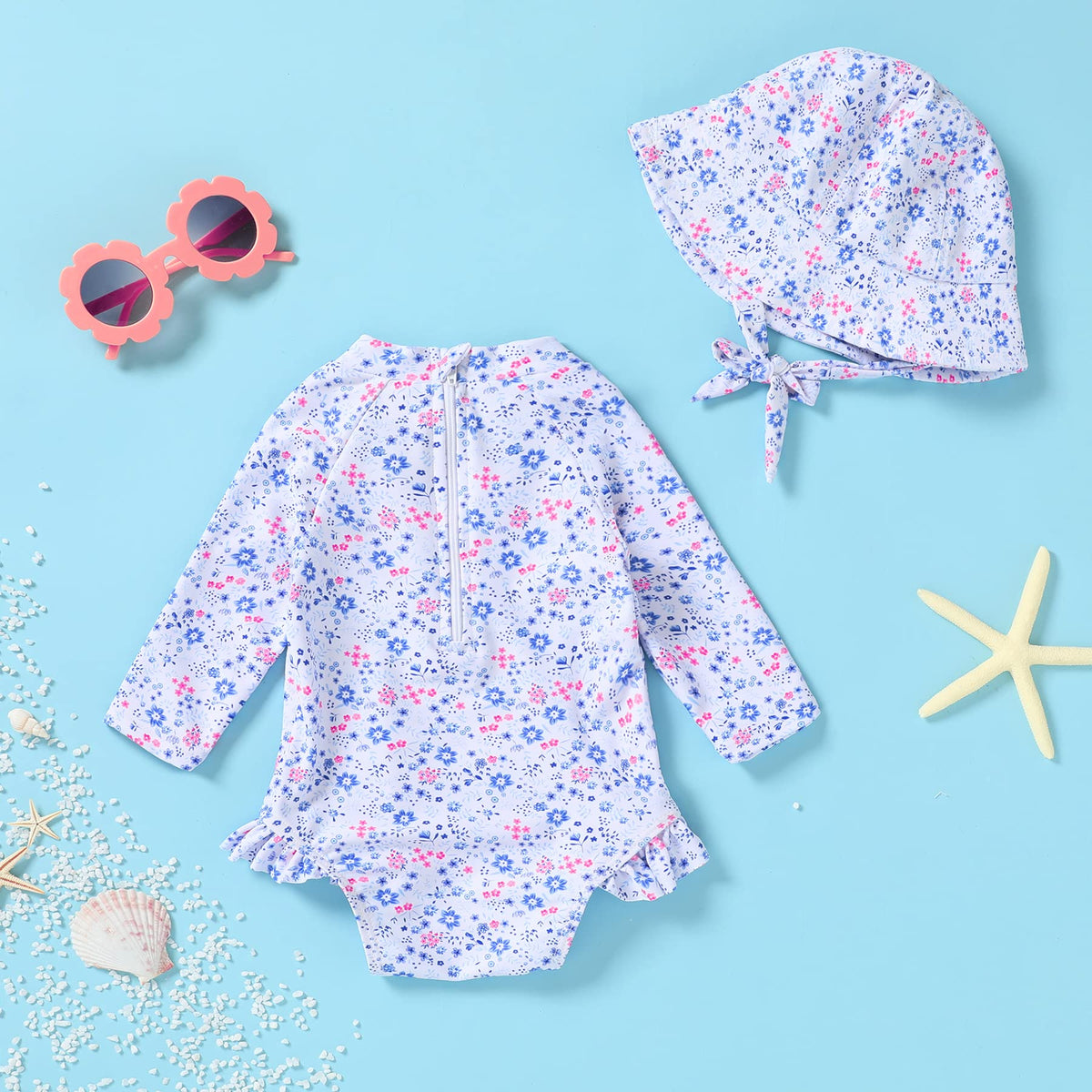 Infant Baby Girl Swimsuit One-Piece Long Sleeve Rash Guard with Hat Set Floral Zipper Bathing Suit Leopard Beach Wear