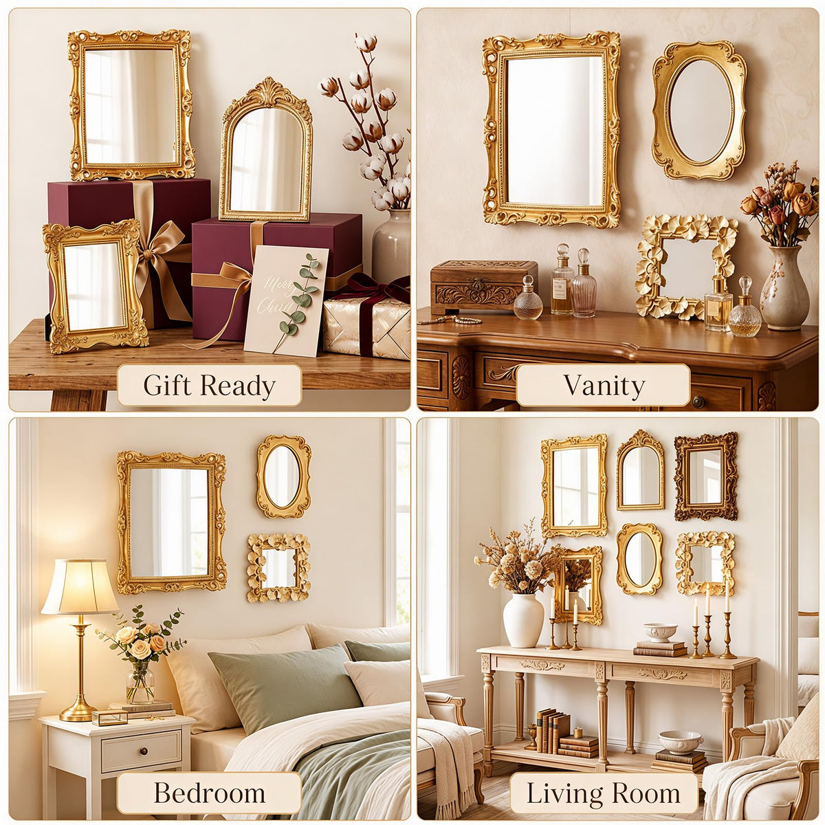 6 Pack Vintage Gold Mirror for Wall Gold Antique Wall Hanging Mirrors Decorative Resin Frame Baroque Style Assorted