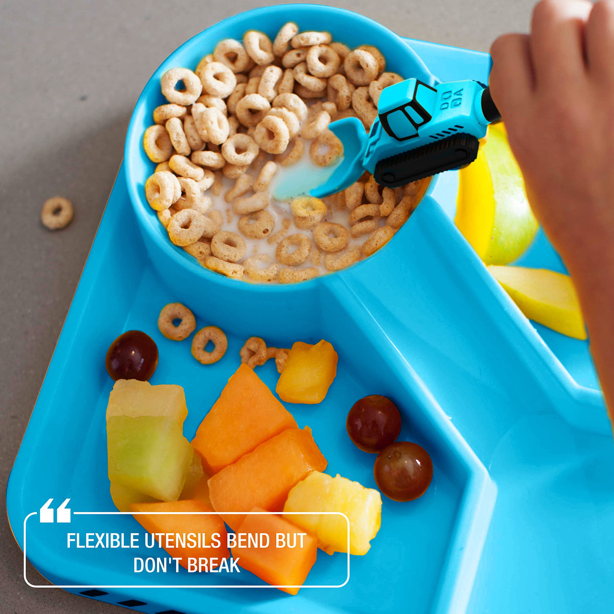 2-Piece Construction Themed Toddler Utensil Set - Blue Plastic Tractor Fork & Loader Spoon