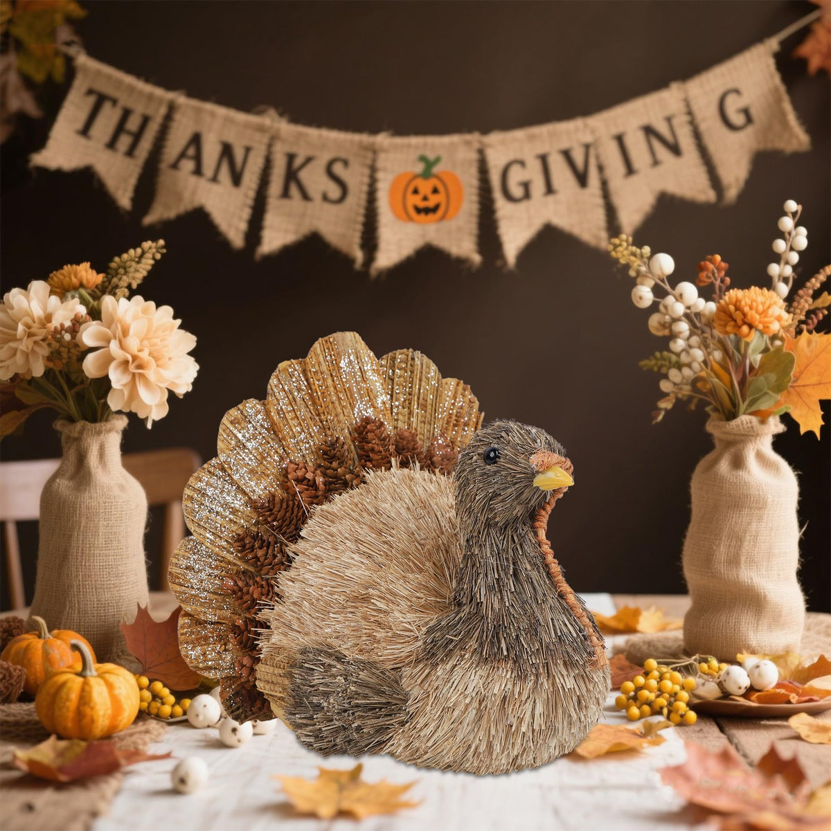 Sisal Turkey Figurine - Thanksgiving Table Decorations Indoor