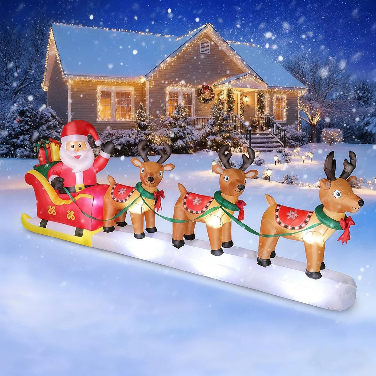 12 FT Long Christmas Inflatables Santa Claus with Reindeers Outdoor Decorations, Xmas Blow Up Yard Decorations with